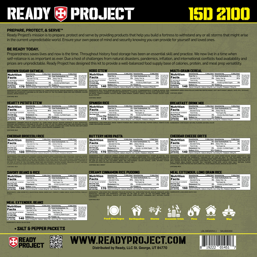 Ready Project® 2 Weeks / 15 Days 2100 Cal/Day (220 Serving Emergency Food Supply)